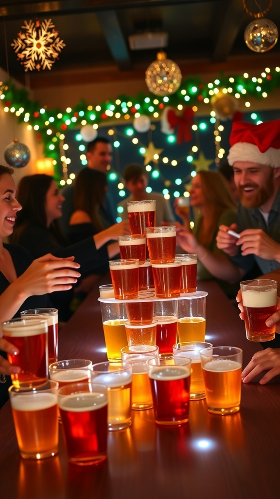 Adults playing beer pong at a Christmas party with festive decorations.